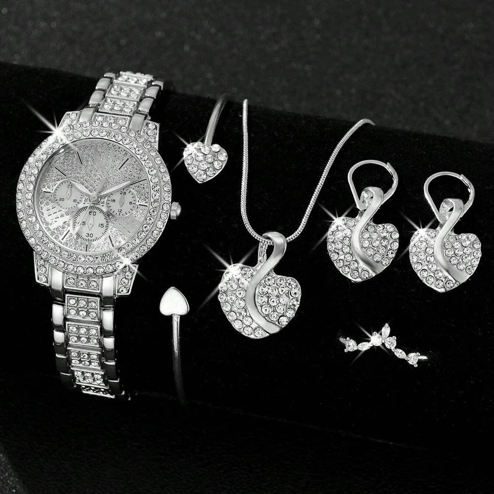 Women's Quartz Watch Gold Luxury Women Ring Necklace Earring Rhinestone Fashion Wristwatch Casual Ladies Watches Jewelry Set ﻿ - The Shack