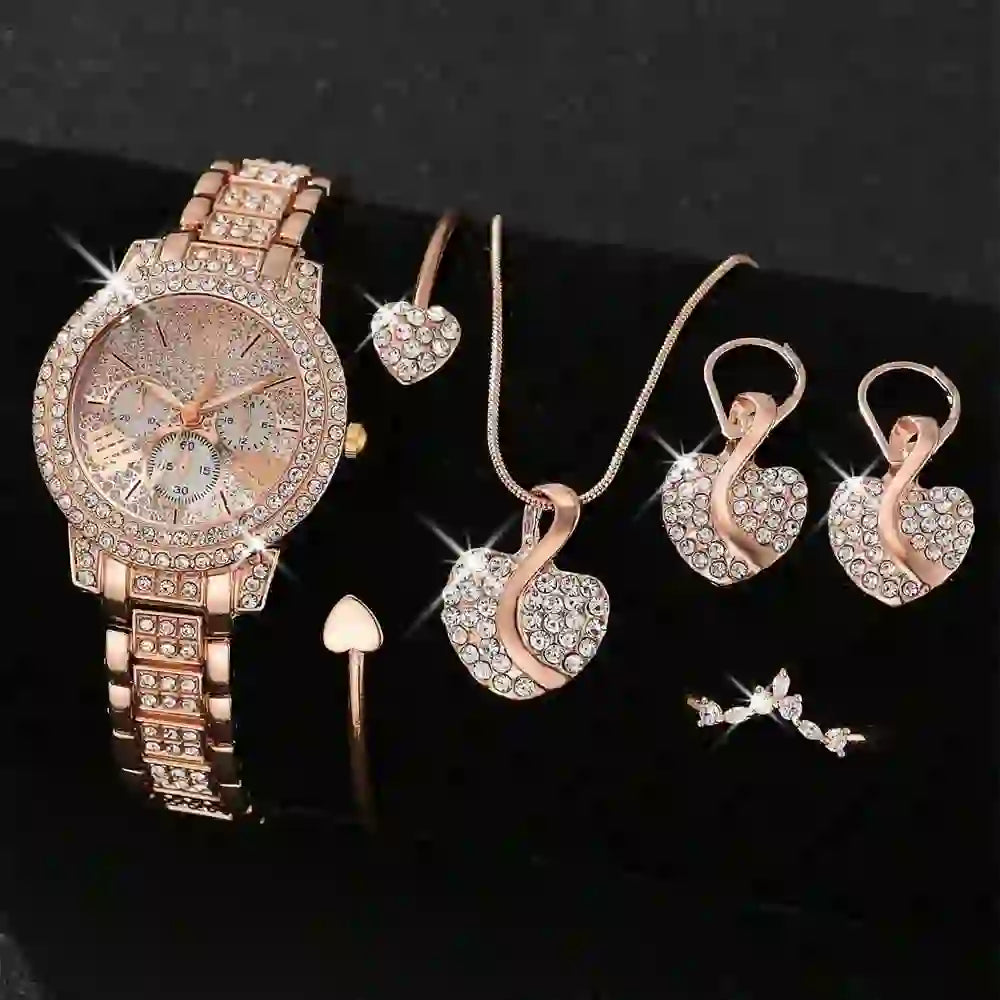 Women's Quartz Watch Gold Luxury Women Ring Necklace Earring Rhinestone Fashion Wristwatch Casual Ladies Watches Jewelry Set ﻿ - The Shack