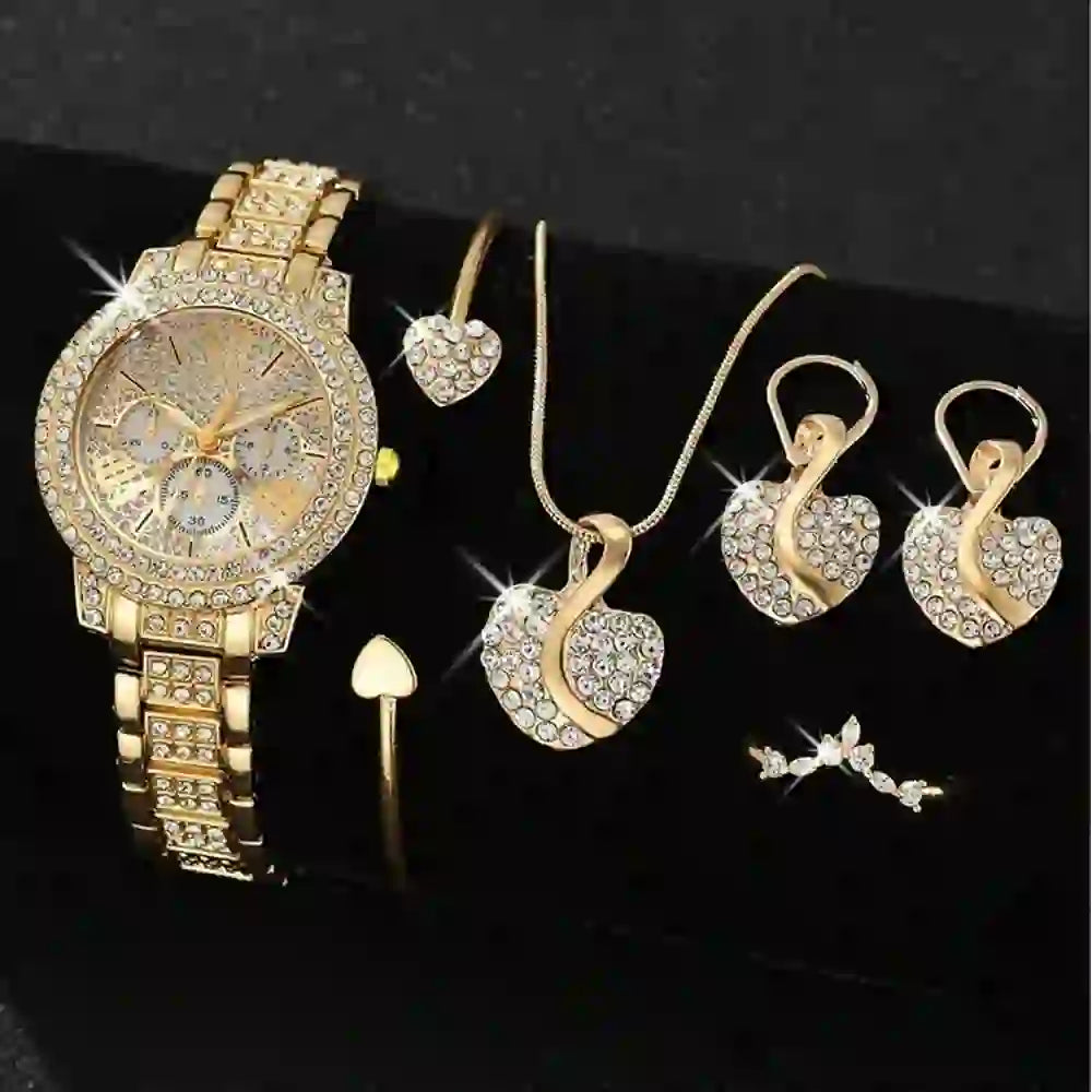 Women's Quartz Watch Gold Luxury Women Ring Necklace Earring Rhinestone Fashion Wristwatch Casual Ladies Watches Jewelry Set ﻿ - The Shack