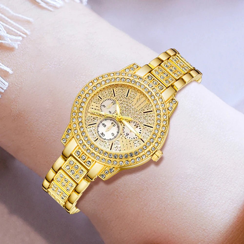 Women's Quartz Watch Gold Luxury Women Ring Necklace Earring Rhinestone Fashion Wristwatch Casual Ladies Watches Jewelry Set ﻿ - The Shack